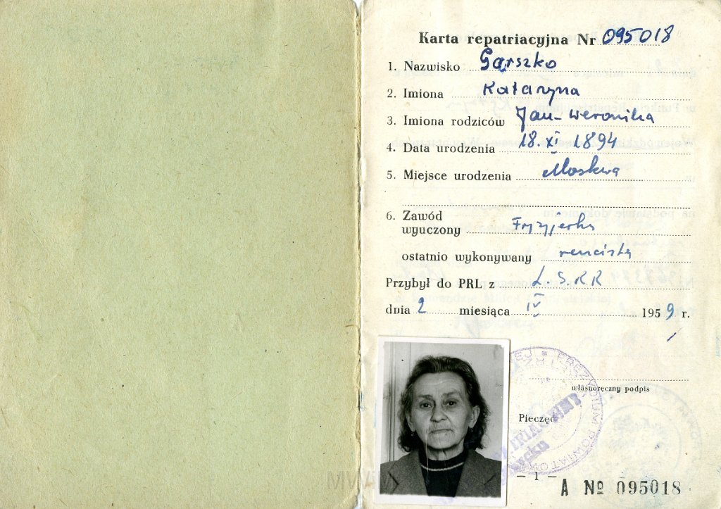 KKE 5693-2.jpg - Dok. Karta Repatriacyjna Katarzyny Graszko (ur. 18 XI 1894 r. w Moskwie) – córka Jana i Weroniki Graszko, Kętrzyn, 2 IV 1959 r.